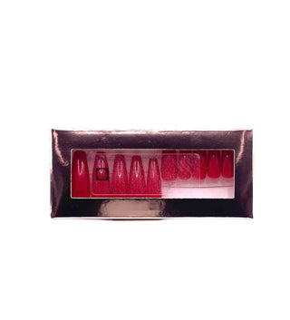 Extra Long Ballerina Coffin Nails in Matte Glitter Red W/ FREE NAIL GLUE