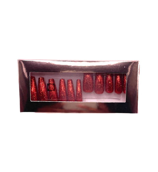 Extra Long Ballerina Coffin Nails in Red Glitter W/ FREE NAIL GLUE